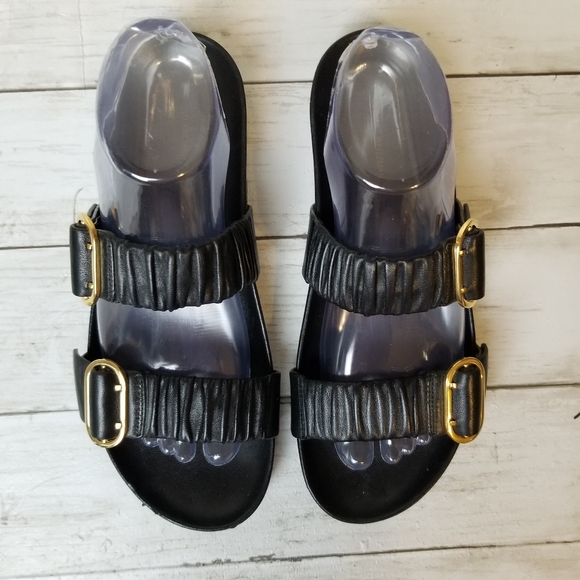 Stuart Weitzman Shalene Leather Black Ruched Strap Slide Sandals - Picture 2 of 11